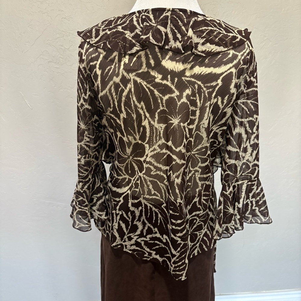 NWT 90s Sheer Floral Ruffle Tie Blouse Brown Beige | Versailles PM - Picture 7 of 12